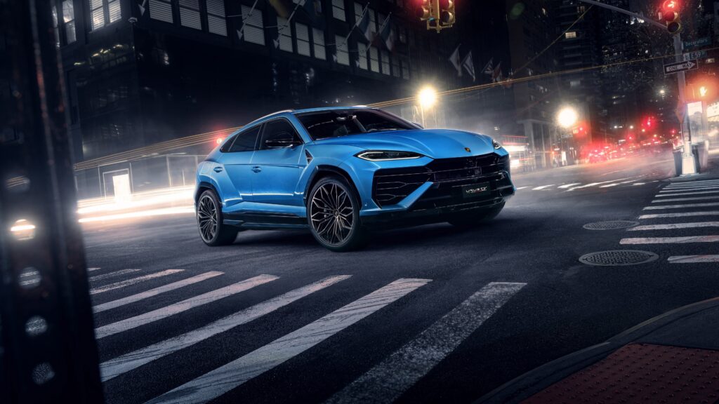 Blue Lamborghini Urus SE Night Street 4K Wallpaper Background