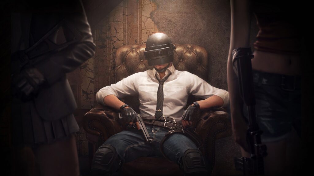 PUBG Victor The Helmet Guy Sitting on Sofa With Gun 4K Wallpaper Background